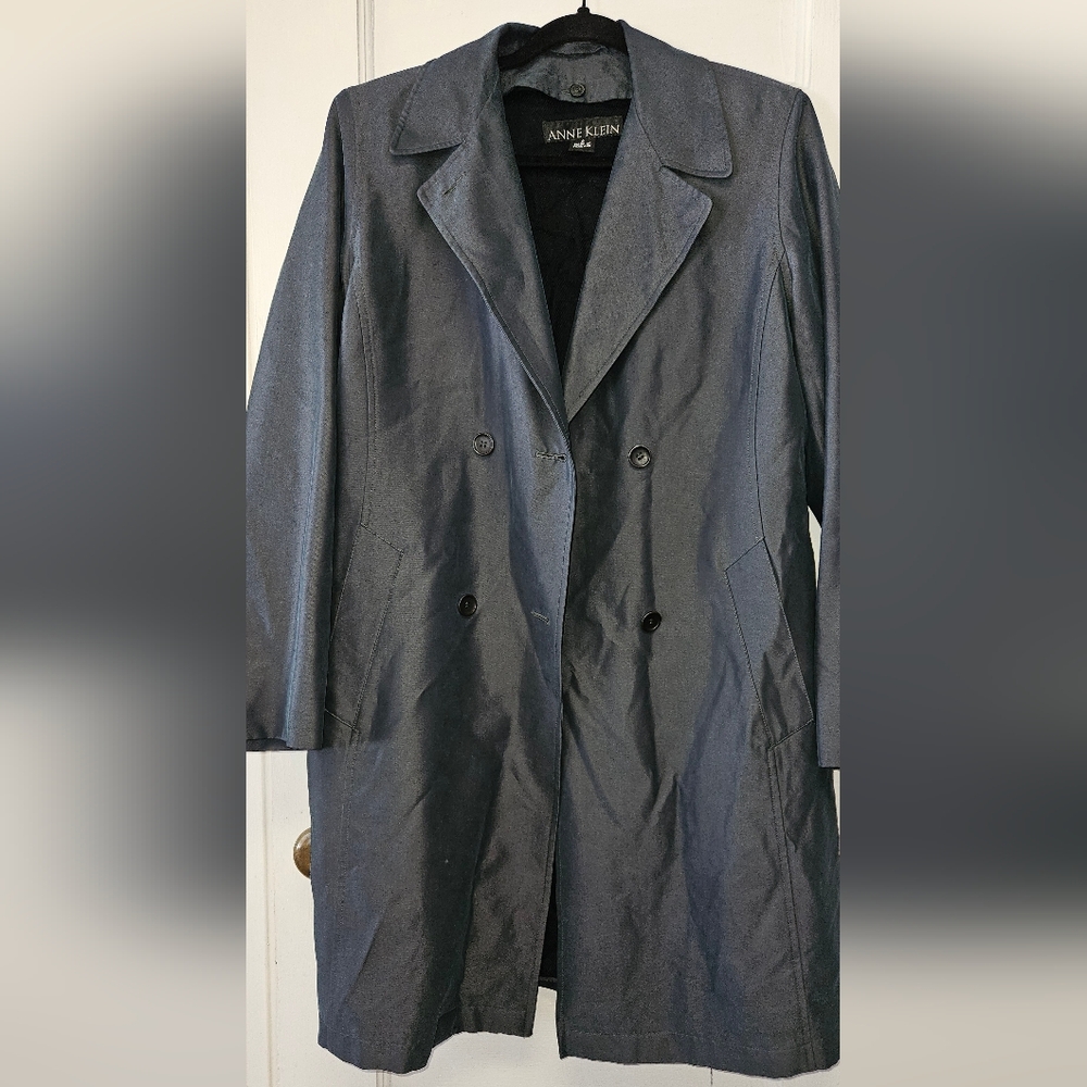 Anne Klein Double Breasted Sateen Gray Trench Coat Size 6